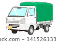 Vector illustration of a light truck with a cargo bed covered by a canvas cover, facing diagonally forward. 141526133