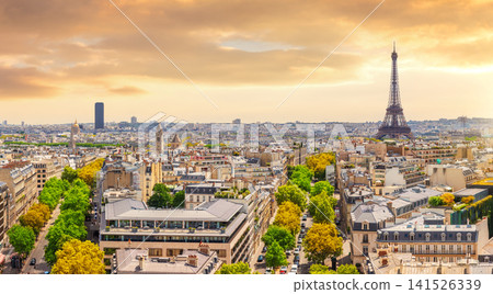 Stunning sunset panorama of Paris with Eiffel Tower from Arc de Triomphe, France Stunning sunset panorama of Paris with Eiffel Tower from Arc de Triomphe, France 141526339