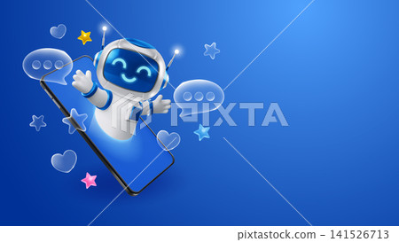 Chatbot robot peeking out from the smartphone screen Chatbot robot peeking out from the smartphone screen 141526713