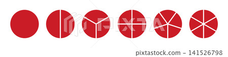 Red circle division into 1 to 6 equal parts. Wheel-shaped infographic diagrams, minimalist icon set, coaching blank template, pizza and pie chart layouts. Red circle division into 1 to 6 equal parts. Wheel-shaped infographic diagrams, minimalist icon set, coaching blank template, pizza and pie chart layouts. 141526798