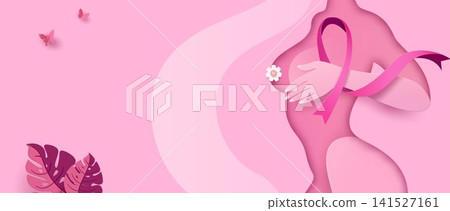 Breast Cancer Awareness Pink Ribbon Woman Healthcare Campaign Banner with Floral Elements Breast Cancer Awareness Pink Ribbon Woman Healthcare Campaign Banner with Floral Elements 141527161