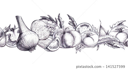 Seamless Border with tomatoes, garlic, onion, cucumber leaf hand drawn graphite pencil sketch. Culinary graphic element ideal for recipe page borders, fresh produce packaging, kitchen textiles or menu Seamless Border with tomatoes, garlic, onion, cucumber leaf hand drawn graphite pencil sketch. Culinary graphic element ideal for recipe page borders, fresh produce packaging, kitchen textiles or menu 141527399