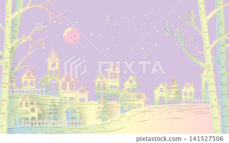 Pastel Winter Village Framed by Forest Trees with Snowfall Paper Cut Background Vector Pastel Winter Village Framed by Forest Trees with Snowfall Paper Cut Background Vector 141527506
