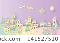 Santa Claus Flying over a Pastel Winter Village Paper Cut Landscape Vector 141527510
