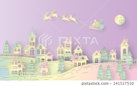 Santa Claus Flying over a Pastel Winter Village Paper Cut Landscape Vector 141527510