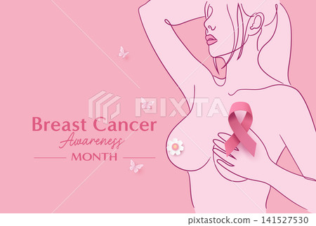 Breast Cancer Awareness Month Poster with Woman and Pink Ribbon Healthcare Illustration Breast Cancer Awareness Month Poster with Woman and Pink Ribbon Healthcare Illustration 141527530