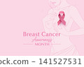 Breast Cancer Awareness Month Poster with Woman Holding Pink Ribbon Healthcare Vector Illustration 141527531