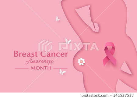 Breast Cancer Awareness Month Poster with Female Silhouette and Pink Ribbon Breast Cancer Awareness Month Poster with Female Silhouette and Pink Ribbon 141527533
