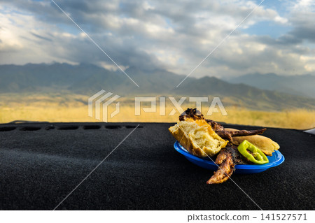 Plate of grilled food on car dashboard with mountain background 141527571