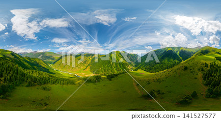 360 degrees panoramic aerial view of lush green mountains and valleys of Kyrgyzstan 141527577