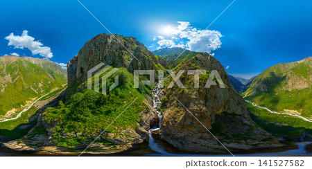 360 drone panorama of majestic mountain range with cascading waterfall and river, 360 drone panorama of majestic mountain range with cascading waterfall and river, 141527582