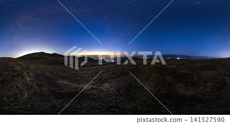 Panoramic Night Sky Over Hills and Distant City Lights, equirectangular projection Panoramic Night Sky Over Hills and Distant City Lights, equirectangular projection 141527590