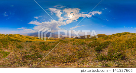 Expansive panoramic 360 view of rolling grassy hills and mountains Expansive panoramic 360 view of rolling grassy hills and mountains 141527605