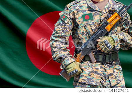 Bangladesh flag with soldier holding assault rifle Bangladesh flag with soldier holding assault rifle 141527641