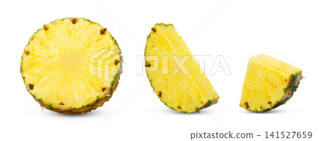 Pineapple slices isolated set on white background, clipping path. Half of pineapple, cut in a slice of ananas. Pineapple slices isolated set on white background, clipping path. Half of pineapple, cut in a slice of ananas. 141527659