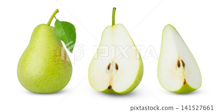Isolated green pear and cut fruits. Collection of green pear, half of green pear and cut in slice isolate. Isolated green pear and cut fruits. Collection of green pear, half of green pear and cut in slice isolate. 141527661