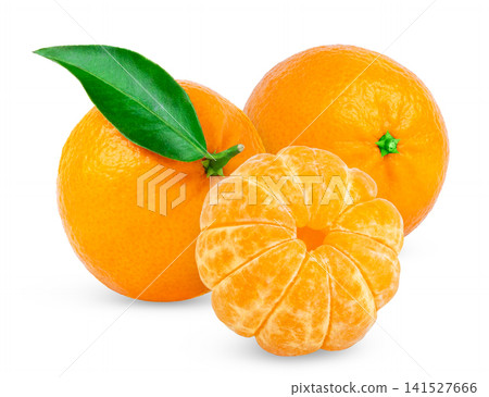 Organic ripe tangerine, mandarin or clementine with green leaf and peeled slices of mandarin isolated. Organic ripe tangerine, mandarin or clementine with green leaf and peeled slices of mandarin isolated. 141527666