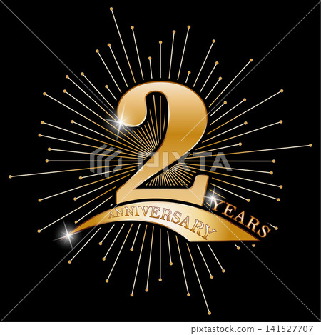 2 years anniversary. Golden stylized congratulation in the rays of fireworks and reflections. Idea for a banner, badge or label. Sticker for a festive gift 2 years anniversary. Golden stylized congratulation in the rays of fireworks and reflections. Idea for a banner, badge or label. Sticker for a festive gift 141527707