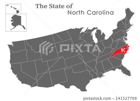 The state of North Carolina on the map of the United States of America is highlighted in red. States of the USA with borders on a general map The state of North Carolina on the map of the United States of America is highlighted in red. States of the USA with borders on a general map 141527709