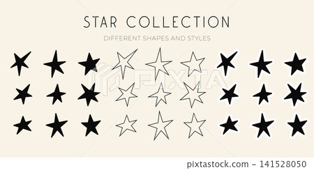 Black star icon collection with filled outline and sticker styles Black star icon collection with filled outline and sticker styles 141528050