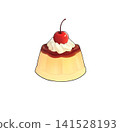 An illustration of a delicious-looking pudding topped with cream and a cherry. 141528193