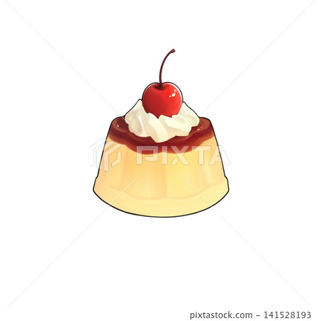 An illustration of a delicious-looking pudding topped with cream and a cherry. An illustration of a delicious-looking pudding topped with cream and a cherry. 141528193