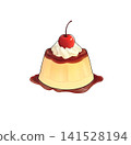 A delicious-looking pudding topped with caramel sauce, cream, and a cherry. 141528194