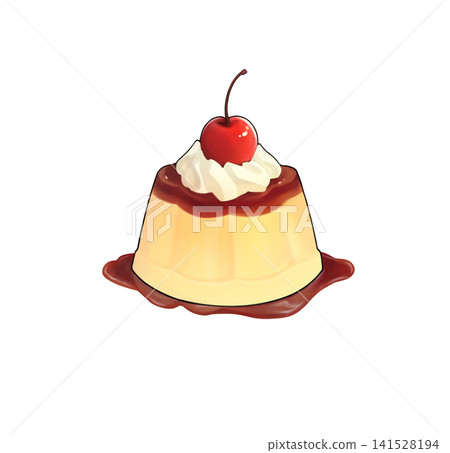A delicious-looking pudding topped with caramel sauce, cream, and a cherry. A delicious-looking pudding topped with caramel sauce, cream, and a cherry. 141528194
