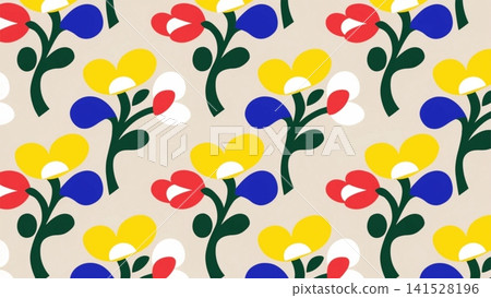 Retro Scandinavian Floral Seamless Pattern Mid-Century Modern Flat Vector Background  141528196