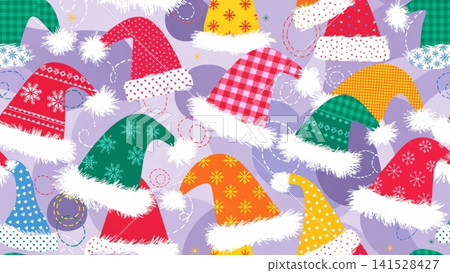 Seamless repeating pattern featuring assorted Christmas Santa hats  Vector Background  141528427