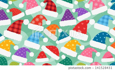 Seamless repeating pattern featuring assorted Christmas Santa hats Vector Background Seamless repeating pattern featuring assorted Christmas Santa hats Vector Background 141528431