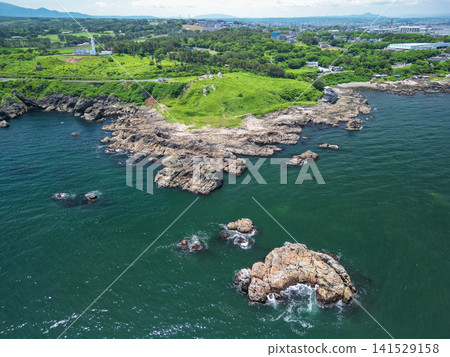 Aerial view of Tanesashi Coast in Aomori Prefecture, seen from the sea, Hachinohe City 141529158