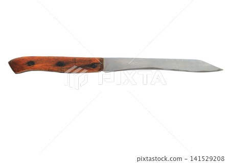 Old kitchen gadget. Kitchen knife with wooden handle isolated on white background. Vintage kitchen tool. Old kitchen gadget. Kitchen knife with wooden handle isolated on white background. Vintage kitchen tool. 141529208