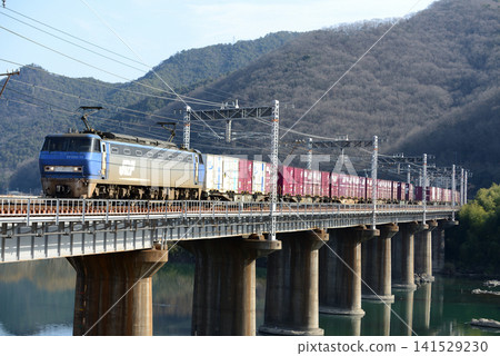 A freight train crossing the Yoshii River Bridge A freight train crossing the Yoshii River Bridge 141529230
