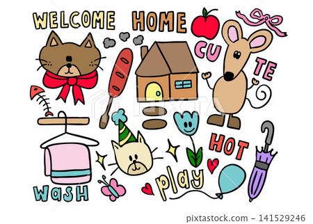 Vector illustrations of kid drawing elements such as cat wearing red ribbon, sausage stick, home, rat, pink bow, cat wearing party hat, apple, umbrella, fish bone, towel on a hanger, tulip flower 141529246