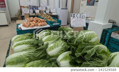 蔬菜水果店裡出售的捲心菜和其他蔬菜的場景。 蔬菜水果店裡出售的捲心菜和其他蔬菜的場景。 141529589