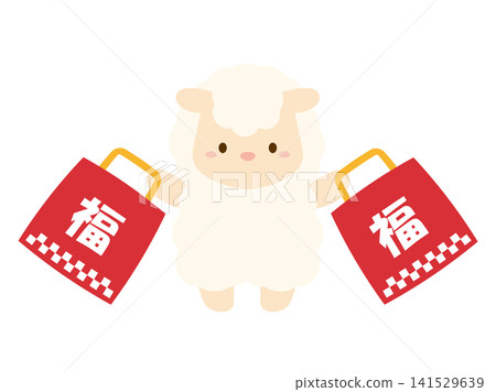 可愛的綿羊和福袋，新年首場促銷的插畫素材。 141529639