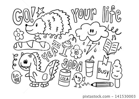 Vector outlines such as hedgehog, bread loaf, dinosaur, flower, happy cloud and storm, book, soda bottle, pudding in cup, pencil, tree, little bird, busy letters for kid colouring book, painting, art Vector outlines such as hedgehog, bread loaf, dinosaur, flower, happy cloud and storm, book, soda bottle, pudding in cup, pencil, tree, little bird, busy letters for kid colouring book, painting, art 141530003