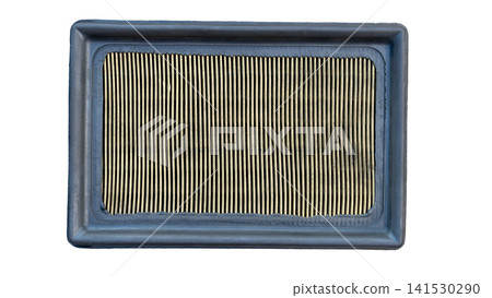 Rectangular automotive engine air filter showing used. Dirty pleated paper media inside a plastic frame isolated on a white background. With clipping path. Rectangular automotive engine air filter showing used. Dirty pleated paper media inside a plastic frame isolated on a white background. With clipping path. 141530290