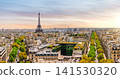 Romantic Paris sunset panorama with famous Eiffel Tower and historic roofs 141530320
