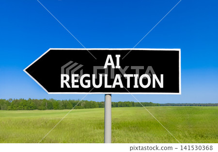 AI regulation symbol. Concept words AI artificial intelligence regulation on beautiful black road sign. Beautiful sky background. Business AI artificial intelligence regulation concept. Copy space AI regulation symbol. Concept words AI artificial intelligence regulation on beautiful black road sign. Beautiful sky background. Business AI artificial intelligence regulation concept. Copy space 141530368