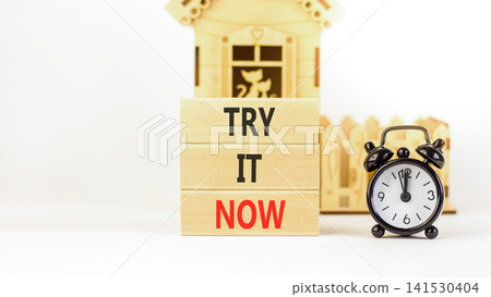 Try it now words symbol. Concept words Try is now on beautiful wooden blocks. Beautiful white background. Black alarm clock. Business support motivational and try is now concept. Copy space. Try it now words symbol. Concept words Try is now on beautiful wooden blocks. Beautiful white background. Black alarm clock. Business support motivational and try is now concept. Copy space. 141530404