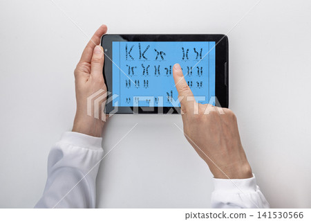 Genetic test and hereditary disease diagnostics. Doctor hands holding tablet displaying human karyotype chromosomal analysis. Genetic test and hereditary disease diagnostics. Doctor hands holding tablet displaying human karyotype chromosomal analysis. 141530566