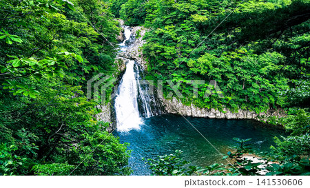 The scenic spot at the foot of Mt. Chokai, Hotai Falls and its deep pool, Part 3: A three-tiered waterfall viewed from the observation deck (Yurihonjo City, Akita Prefecture) The scenic spot at the foot of Mt. Chokai, Hotai Falls and its deep pool, Part 3: A three-tiered waterfall viewed from the observation deck (Yurihonjo City, Akita Prefecture) 141530606