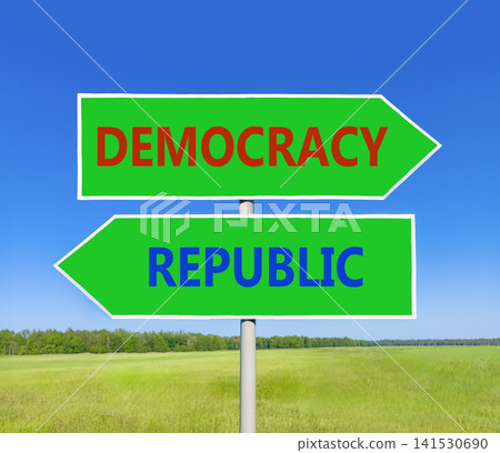 Democracy or republic words symbol. Concept words Democracy Republic on beautiful green road sign. Beautiful blue sky background. Business democracy republic concept. Copy space 141530690