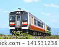 A KiHa E120 series train (in JNR livery) traveling on the Tadami Line towards Koide. 141531238