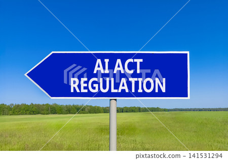 AI act regulation words symbol. Concept words AI artificial intelligence act regulation on beautiful blue road sign. Beautiful blue sky background. Business AI act regulation concept. Copy space. AI act regulation words symbol. Concept words AI artificial intelligence act regulation on beautiful blue road sign. Beautiful blue sky background. Business AI act regulation concept. Copy space. 141531294