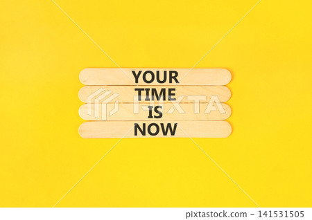 Your time is now words symbol. Concept words Your time is now on beautiful wooden sticks. Beautiful yellow background. Business support motivational your time is now concept. Copy space. 141531505