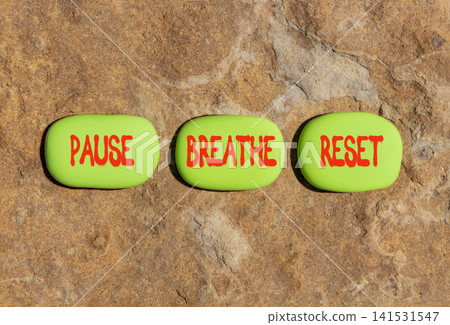 Pause breathe reset words symbol. Concept words Pause breathe reset on beautiful green stones. Beautiful stone background. Business support motivational and pause breathe reset concept. Copy space. Pause breathe reset words symbol. Concept words Pause breathe reset on beautiful green stones. Beautiful stone background. Business support motivational and pause breathe reset concept. Copy space. 141531547