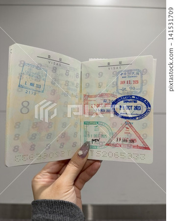 護照上的印章和女人的手 護照上的印章和女人的手 141531709